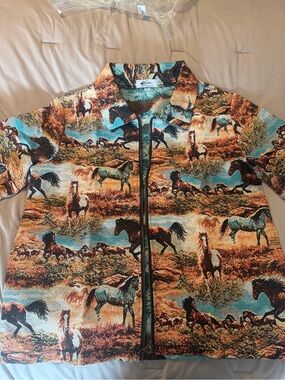 Women's Western Horse Print Tapestry Jacket - Blue & Brown